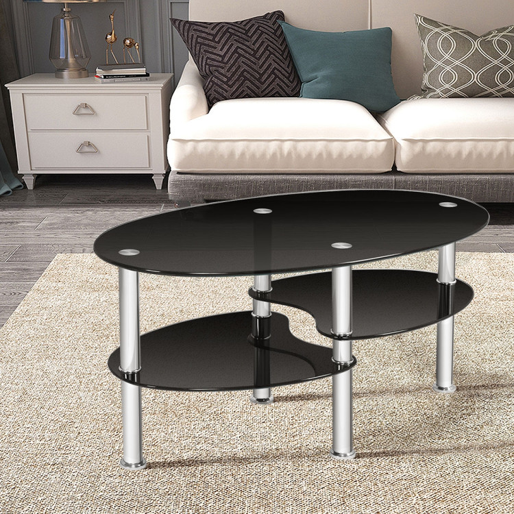 Tempered Glass Oval Side Coffee Table-BlackCostway Gallery View 7 of 11