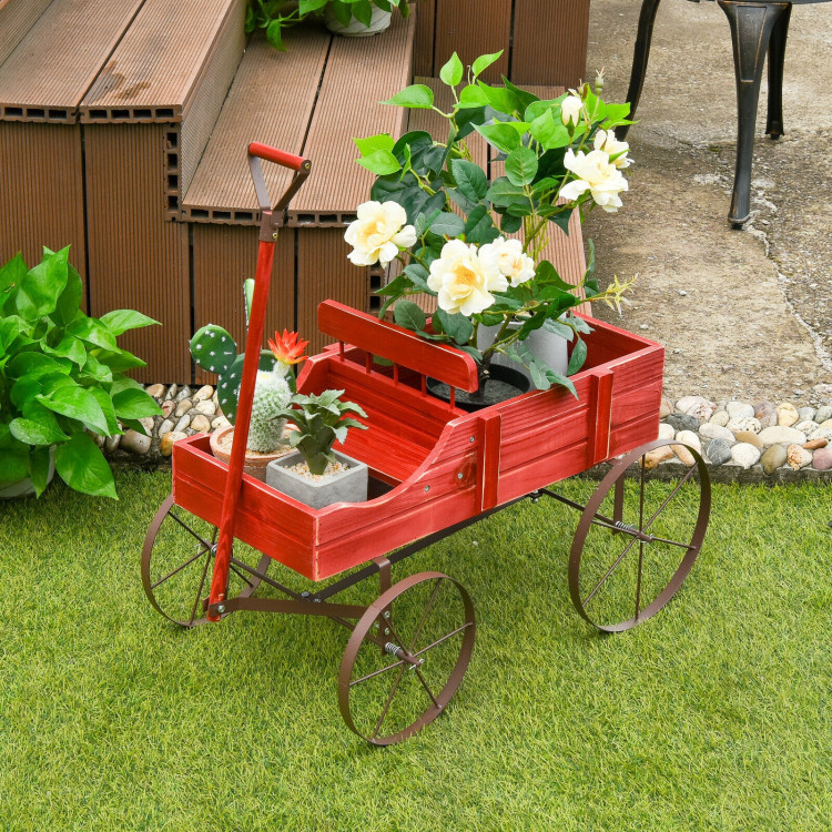 Wooden Wagon Plant Bed With Wheel for Garden Yard-RedCostway Gallery View 1 of 12