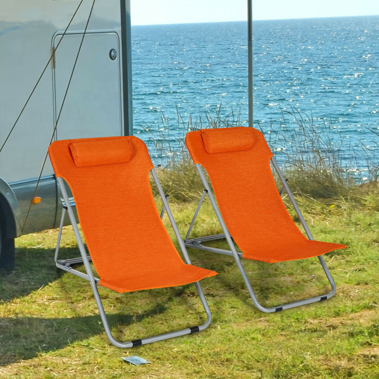 Portable Beach Chair Set of 2 with Headrest -OrangeCostway Gallery View 6 of 10