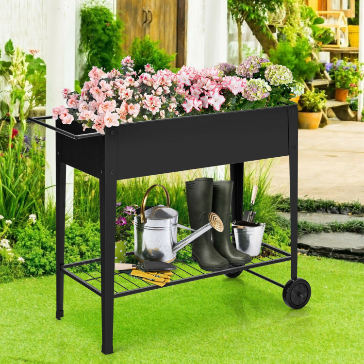 Raised Garden Bed Elevated Planter Box on Wheels Steel Planter with Shelf-BlackCostway Gallery View 2 of 12