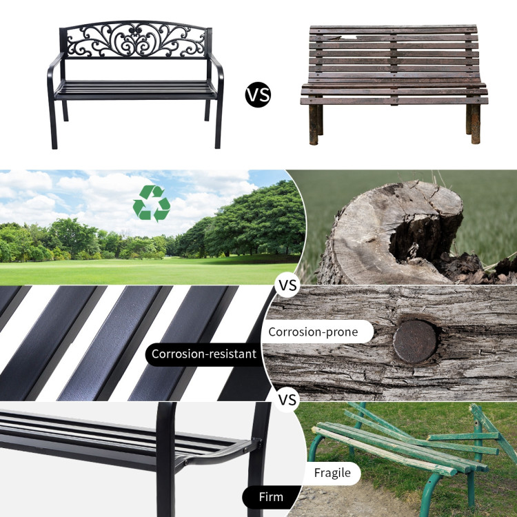 50 Inch Patio Park Steel Frame Cast Iron Backrest Bench Porch ChairCostway Gallery View 11 of 11