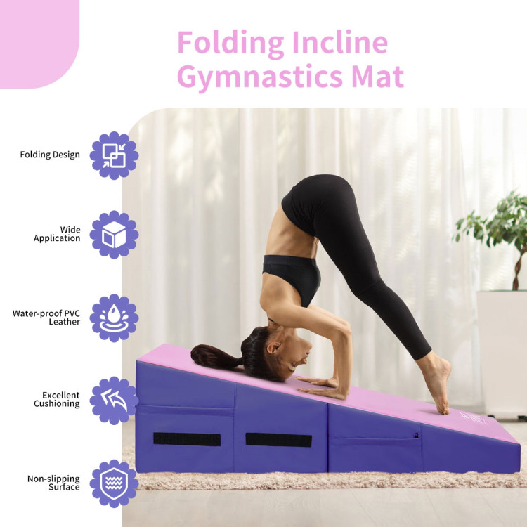 Folding Wedge Exercise Gymnastics Mat with Handles-PurpleCostway Gallery View 3 of 11