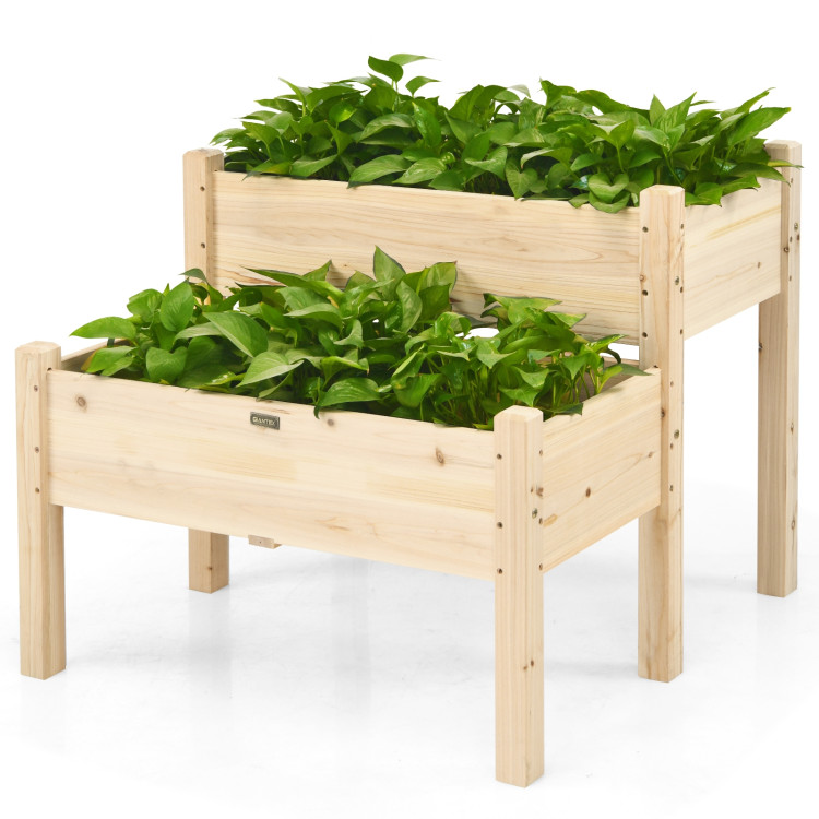 2 Tier Wooden Elevated Planter Box with Legs and Drain Holes for Balcony and YardCostway Gallery View 9 of 14
