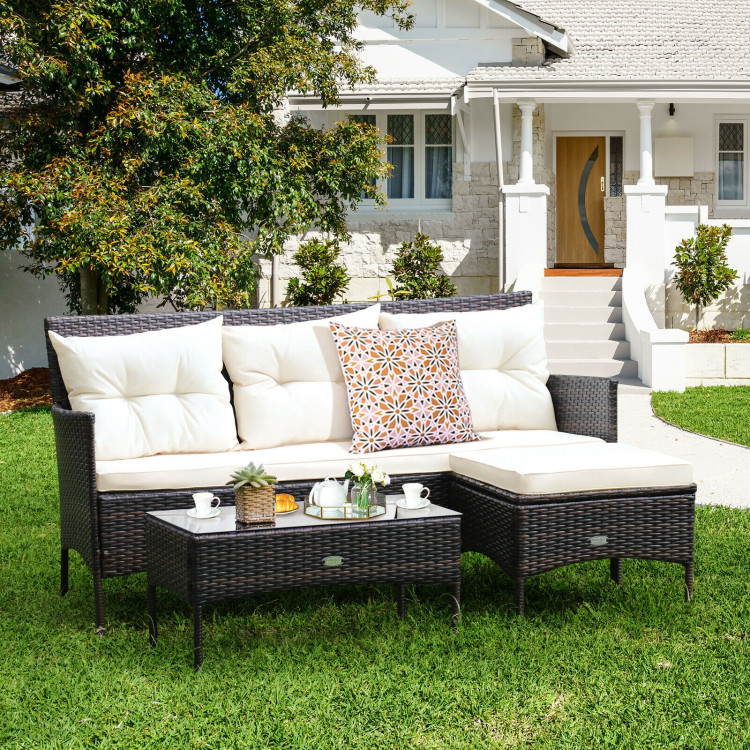 3 Pieces Patio Furniture Sectional Set with 5 Cozy Seat and Back Cushions-WhiteCostway Gallery View 1 of 12