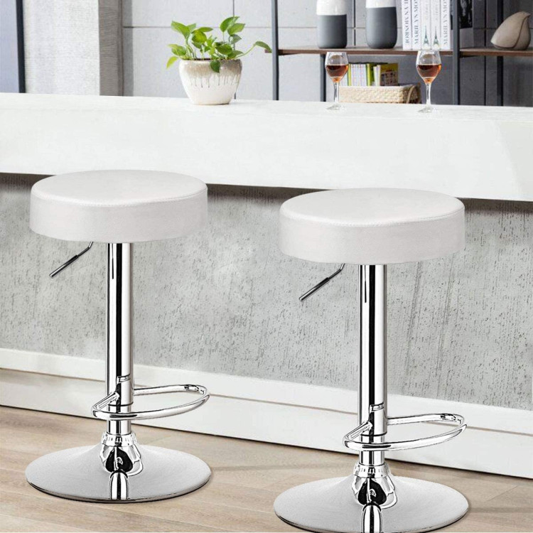 Set of 2 Adjustable Round PU Leather Swivel Barstool with Chrome Footrest-WhiteCostway Gallery View 1 of 9