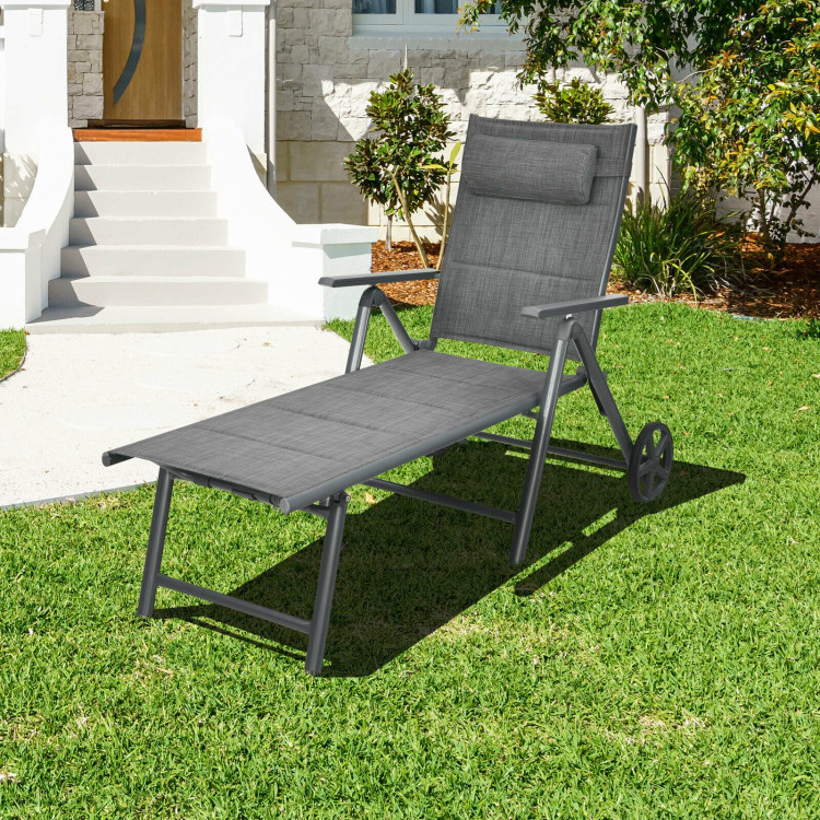 Patio Reclining Chaise Lounge with Adjust Neck Pillow-GrayCostway Gallery View 2 of 11