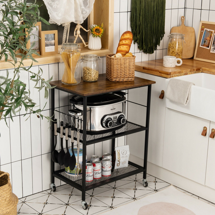 3-Tier Kitchen Serving Cart Utility Standing Microwave Rack with Hooks BrownCostway Gallery View 1 of 12