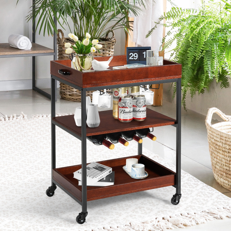 3 Tiers Kitchen Island Serving Bar Cart with Glasses Holder and Wine Bottle RackCostway Gallery View 1 of 11