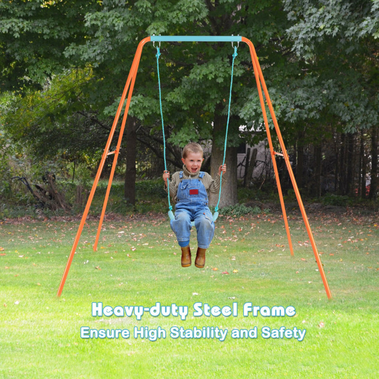 Outdoor Kids Swing Set with Heavy-Duty Metal A-Frame and Ground Stakes-OrangeCostway Gallery View 6 of 12