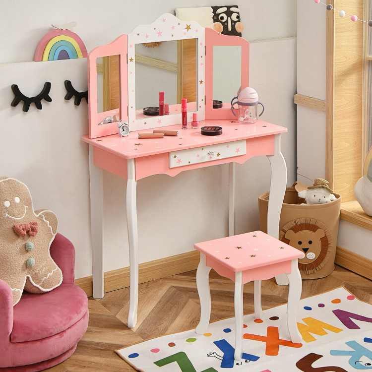 Kids Princess Vanity Table and Stool Set with Tri-folding Mirror and Drawer-PinkCostway Gallery View 2 of 12
