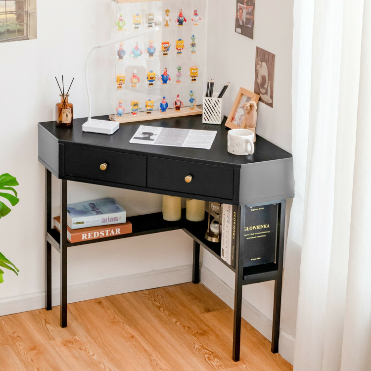 Space Saving Corner Computer Desk with 2 Large Drawers and Storage Shelf-BlackCostway Gallery View 6 of 12