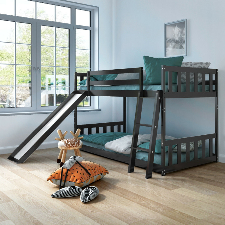 Twin over Twin Bunk Wooden Low Bed with Slide Ladder for Kids-Dark BrownCostway Gallery View 2 of 12