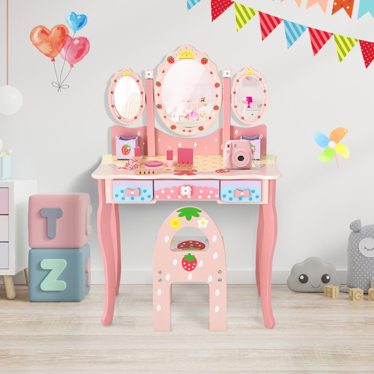 Kids Vanity Princess Makeup Dressing Table Chair Set with Tri-fold Mirror-PinkCostway Gallery View 1 of 10