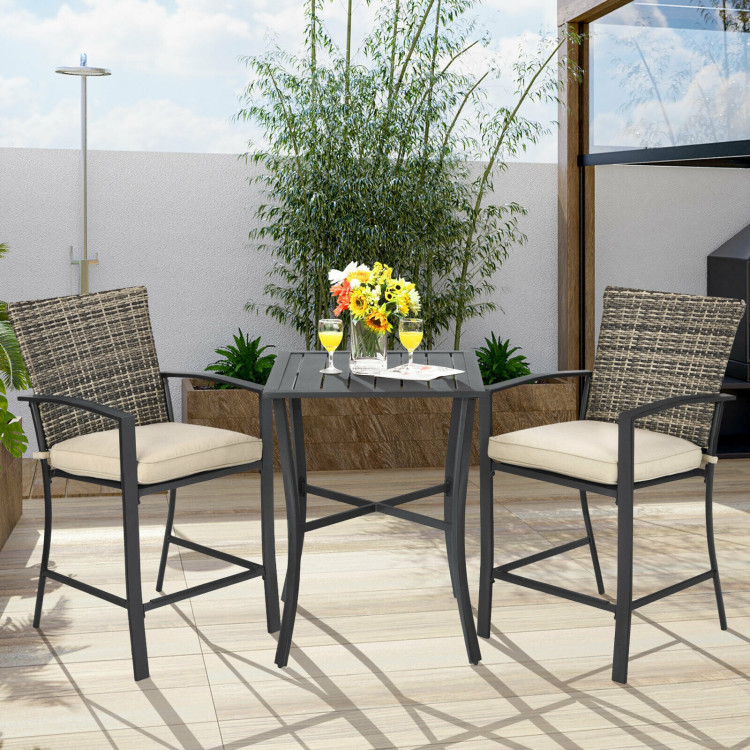 3 Pieces Patio Rattan Bar Furniture Set with Slat Table and 2 Cushioned Stools-GrayCostway Gallery View 1 of 10