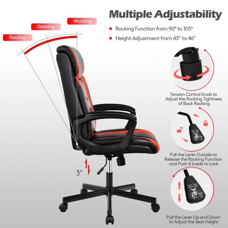Swivel PU Leather Office Gaming Chair with Padded Armrest-RedCostway Gallery View 12 of 13