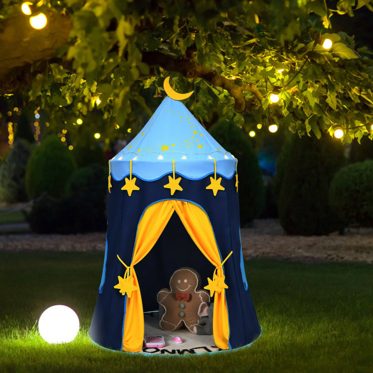 Indoor Outdoor Kids Foldable Pop-Up Play Tent with Star Lights Carry Bag-BlueCostway Gallery View 8 of 12