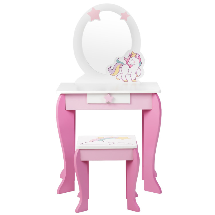 Kids Wooden Makeup Dressing Table and Chair Set with Mirror and DrawerCostway Gallery View 9 of 12