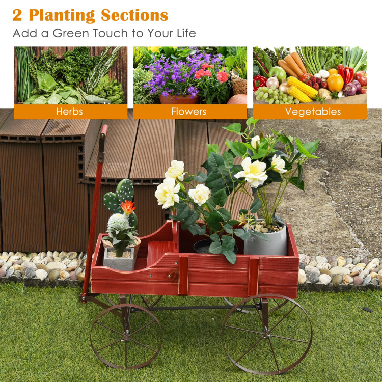 Wooden Wagon Plant Bed With Wheel for Garden Yard-RedCostway Gallery View 6 of 12