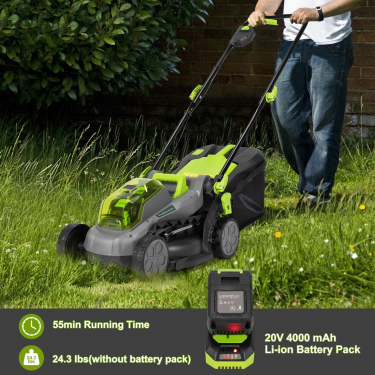 13 Inch Cordless Lawn Mower with Brushless Motor, 4Ah Battery and Charger-GreenCostway Gallery View 2 of 9