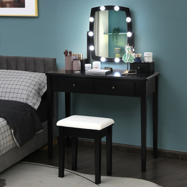 Vanity Table Set with Lighted Mirror for Bedroom and Dressing Room-BlackCostway Gallery View 6 of 10