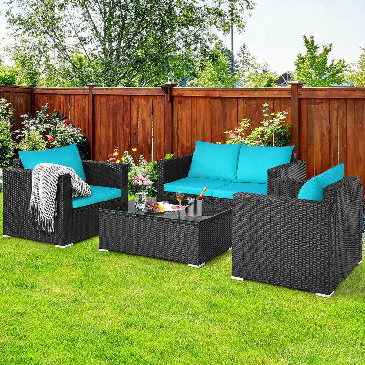 4Pcs Patio Rattan Cushioned Furniture Set-TurquoiseCostway Gallery View 6 of 11