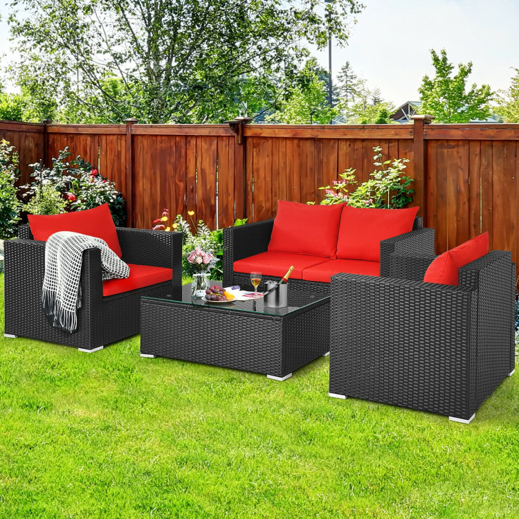 4 Pieces Patio Rattan Conversation Set with Padded Cushion and Tempered Glass Coffee Table-RedCostway Gallery View 6 of 11