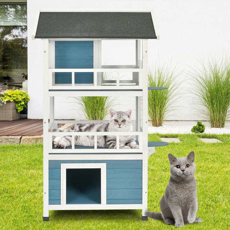 2-Story Outdoor Wooden Catio Cat House Shelter with EnclosureCostway Gallery View 6 of 11