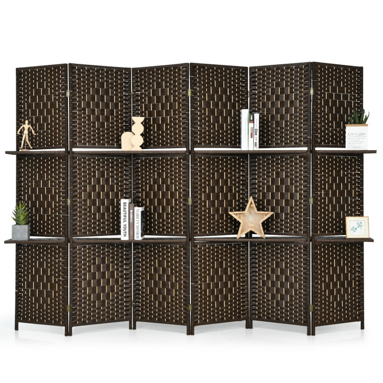 6 Panel Folding Weave Fiber Room Divider with 2 Display Shelves -BrownCostway Gallery View 2 of 11