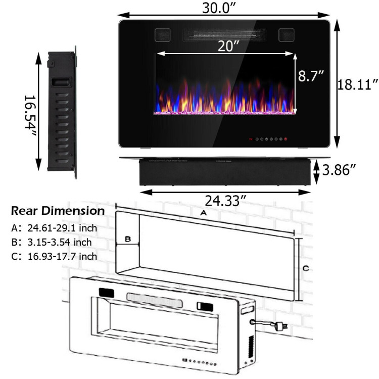30-Inch Recessed Ultra Thin Electric Fireplace Heater with Glass AppearanceCostway Gallery View 4 of 14