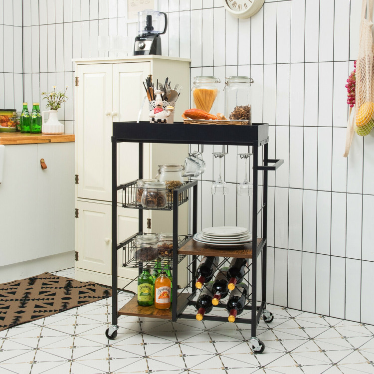 Kitchen Island Cart on Wheels with Removable Top and Wine Rack-Rustic BrownCostway Gallery View 6 of 11