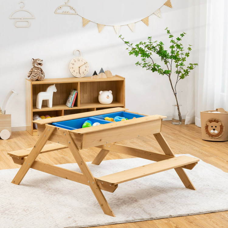3-in-1 Kids Picnic Table Wooden Outdoor Water Sand Table with Play BoxesCostway Gallery View 1 of 10