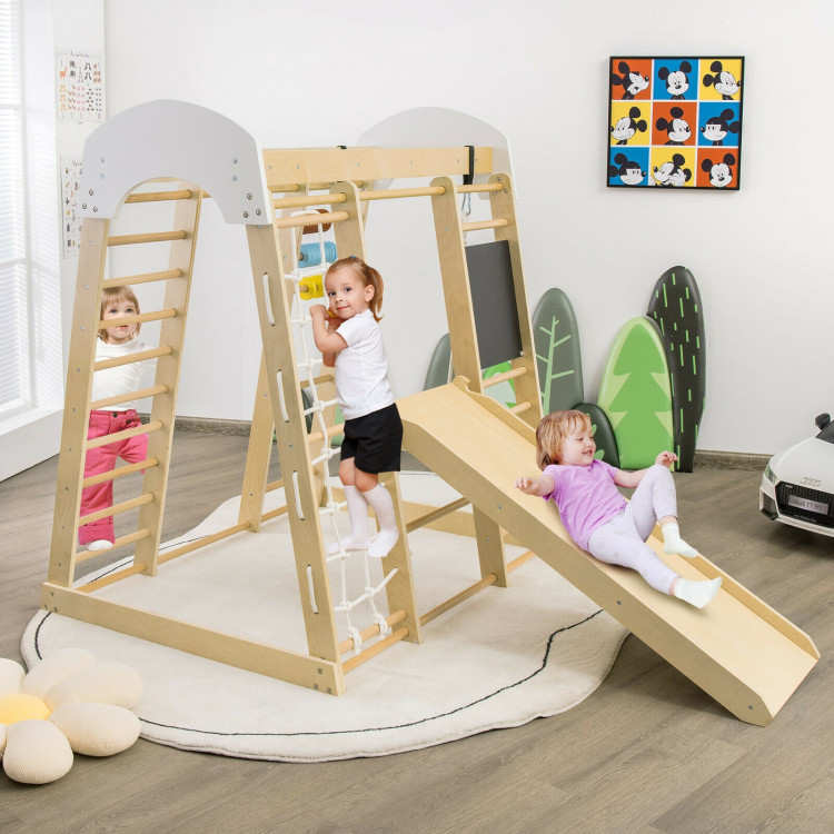Indoor Playground Climbing Gym Wooden 8-in-1 Climber Playset for Children-NaturalCostway Gallery View 7 of 10