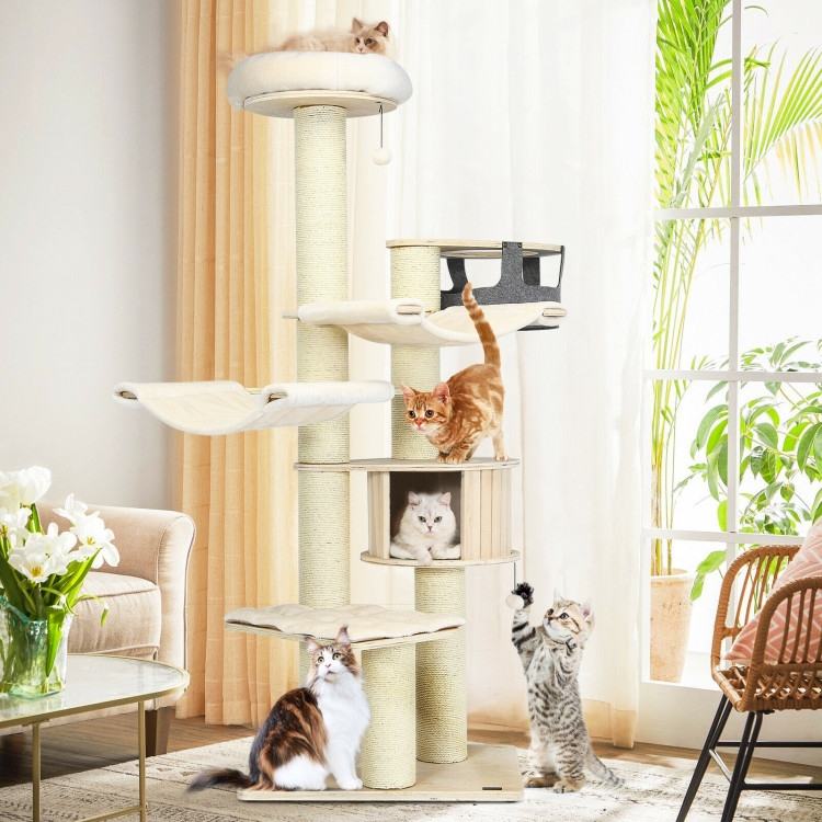 77.5-Inch Cat Tree Condo Multi-Level Kitten Activity Tower with Sisal Posts-Cream WhiteCostway Gallery View 2 of 10