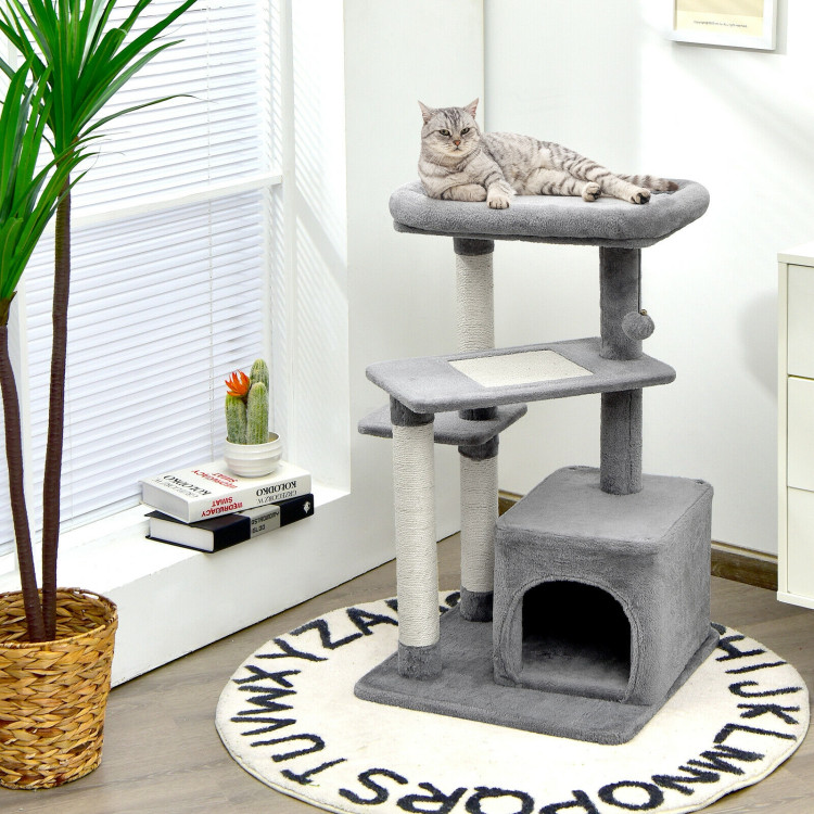 Cat Tree with Perch and Hanging Ball for Indoor Activity Play and Rest-GrayCostway Gallery View 2 of 10