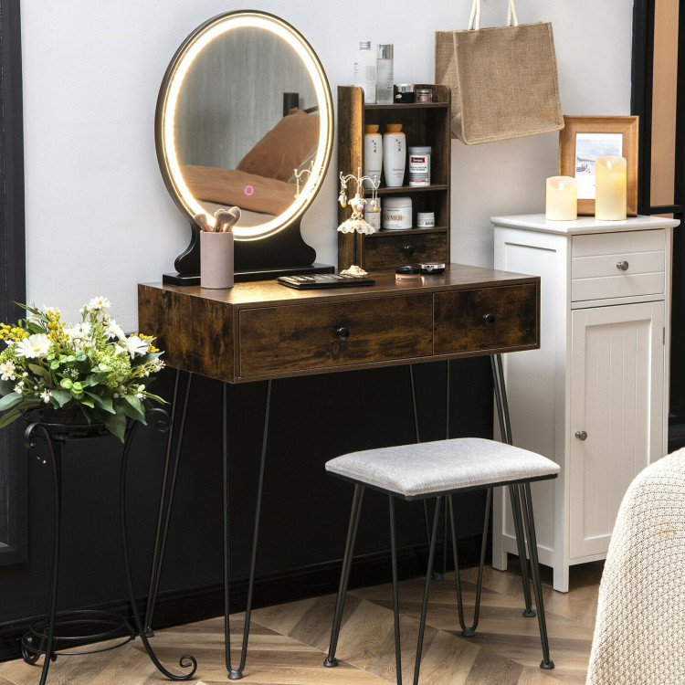 Vanity Table Set with Lighted Mirror and Cushion Stool-BrownCostway Gallery View 1 of 9