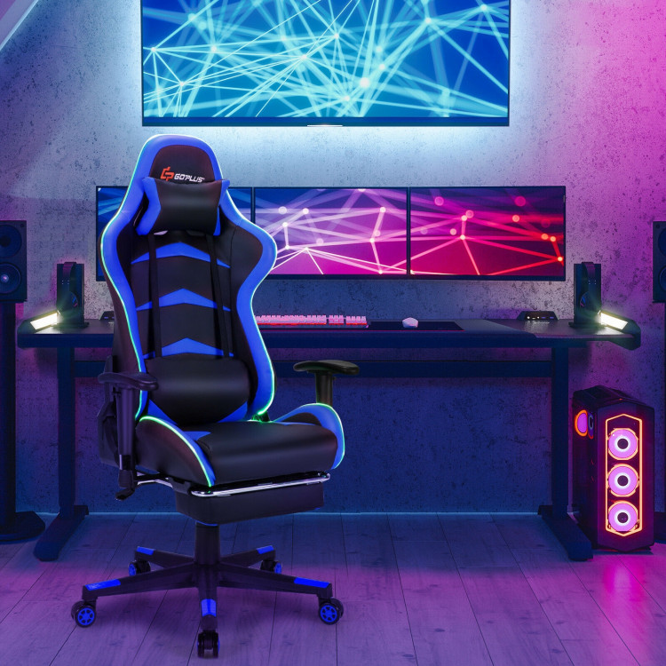 Massage LED Gaming Chair with Lumbar Support and Footrest-BlueCostway Gallery View 6 of 10