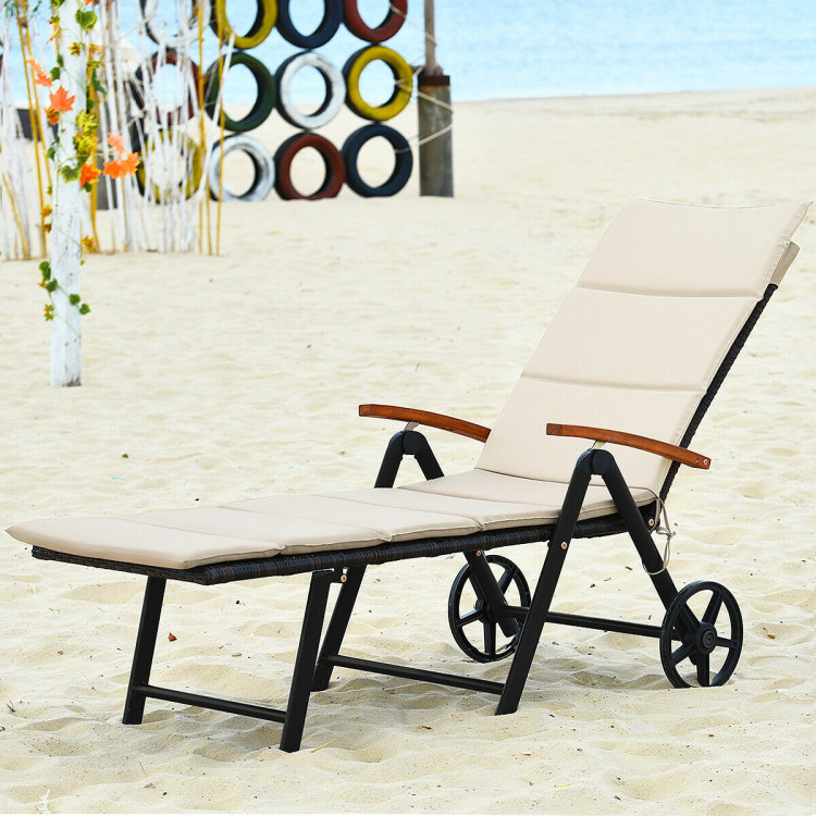 Outdoor Chaise Lounge Chair Rattan Lounger Recliner Chair-BeigeCostway Gallery View 7 of 10