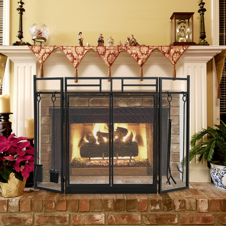 3-Panel Folding Wrought Iron Fireplace Screen with Doors and 4 Pieces Tools Set-BlackCostway Gallery View 2 of 10