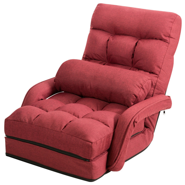 Folding Lazy Floor Chair Sofa with Armrests and Pillow-RedCostway Gallery View 4 of 11