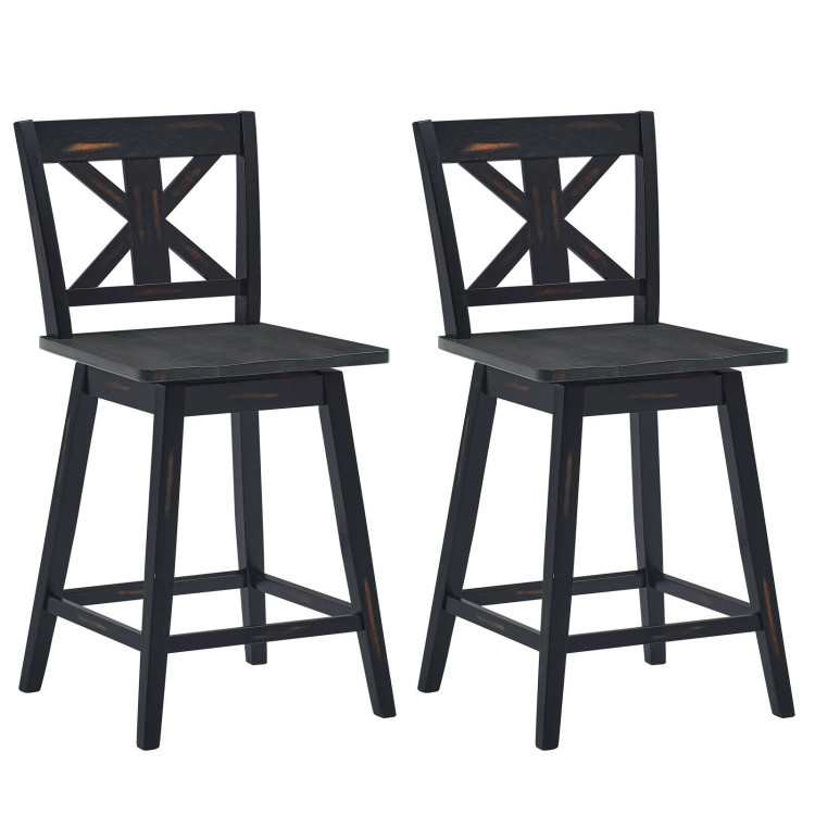 Set of 2 Swivel Counter Height Bar Stools with Solid Wood Legs-BlackCostway Gallery View 1 of 9
