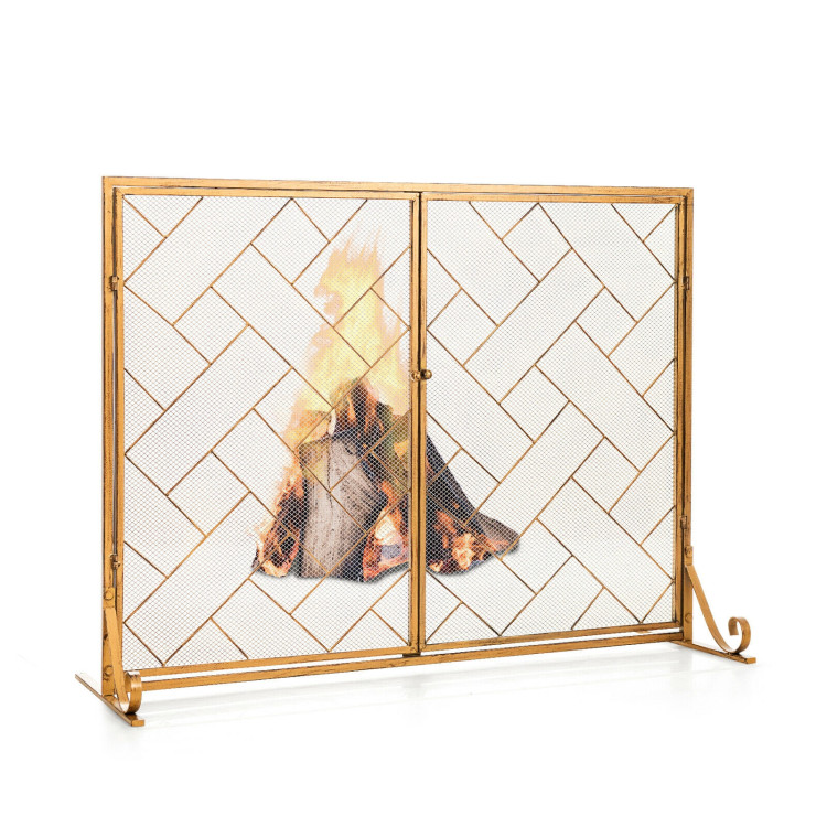 3-Panel Folding Wrought Iron Fireplace Screen with Doors and 4 Pieces Tools Set-GoldenCostway Gallery View 3 of 10