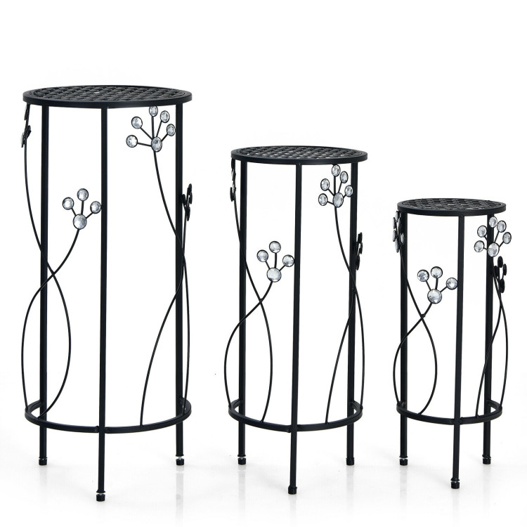 3 Pieces Metal Plant Stand Set with Crystal Floral Accents Round-BlackCostway Gallery View 1 of 10