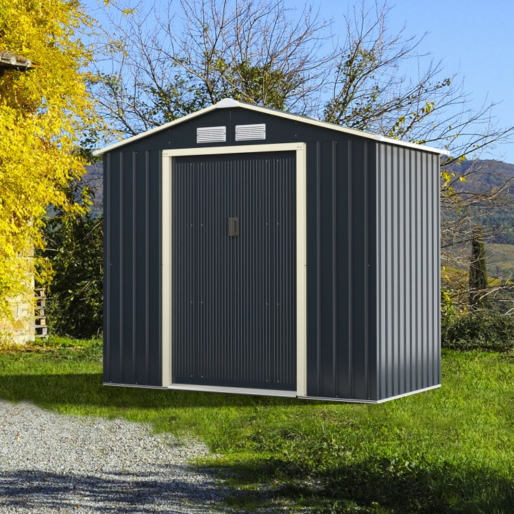 7 Feet X 4 Feet Metal Storage Shed with Sliding Double Lockable Doors-GrayCostway Gallery View 2 of 12