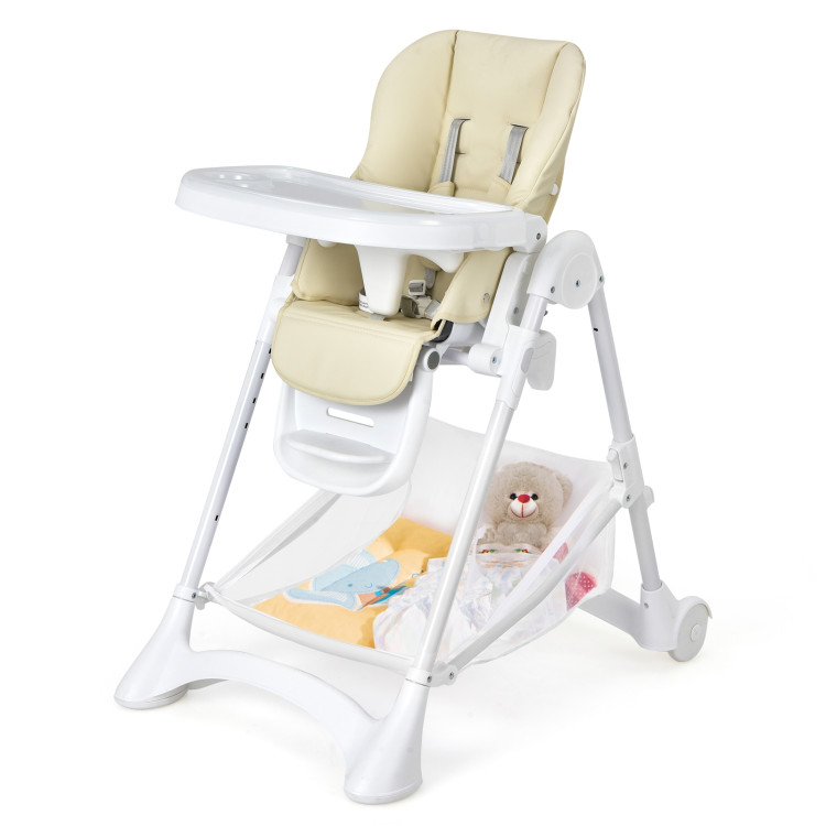 Baby Convertible Folding Adjustable High Chair with Wheel Tray Storage Basket -BeigeCostway Gallery View 4 of 14