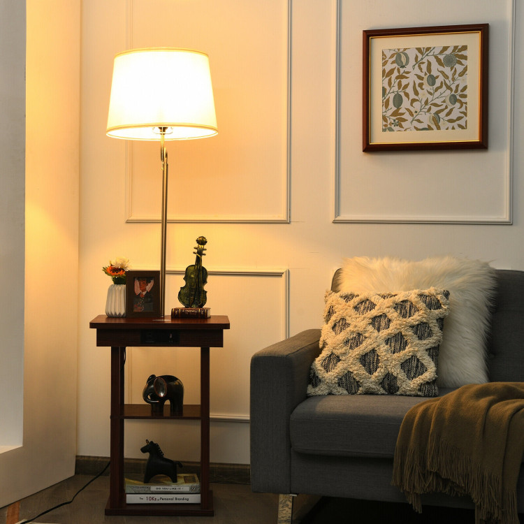 Floor Lamp Bedside Desk with USB Charging Ports Shelves-BrownCostway Gallery View 2 of 8