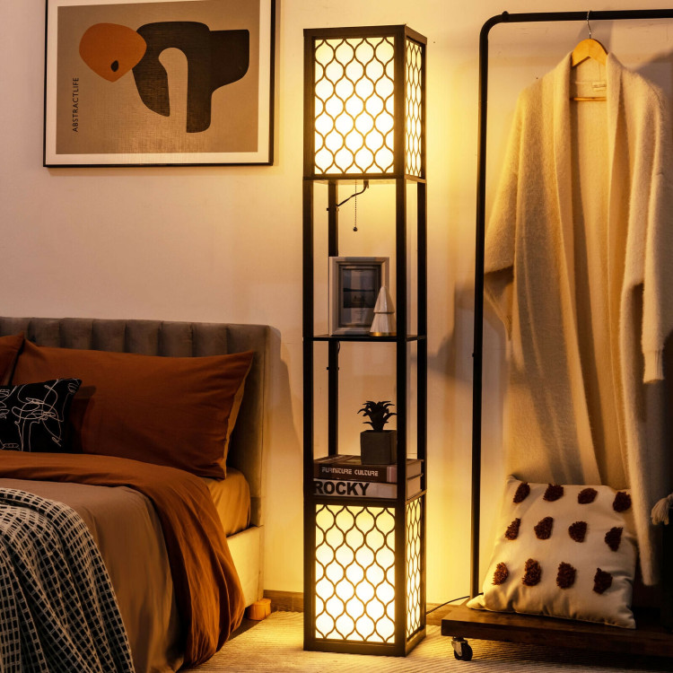Modern Shelf Freestanding Floor Lamp with Double Lamp Pull Chain and Foot SwitchCostway Gallery View 2 of 11