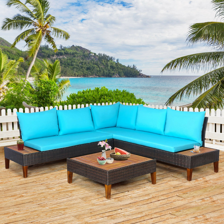 4 Pieces Patio Cushioned Rattan Furniture Set with Wooden Side Table-TurquoiseCostway Gallery View 1 of 9