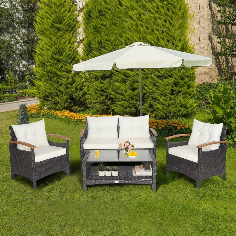 4 Pieces Patio Rattan Furniture Set with Cushioned Sofa and Storage Table-WhiteCostway Gallery View 7 of 11