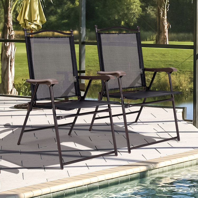 Set of 2 Patio Folding Sling Back Camping Deck Chairs-BlackCostway Gallery View 7 of 11