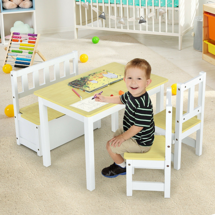 4 Pieces Kids Wooden Activity Table and Chairs Set with Storage Bench and Study Desk-NaturalCostway Gallery View 6 of 12